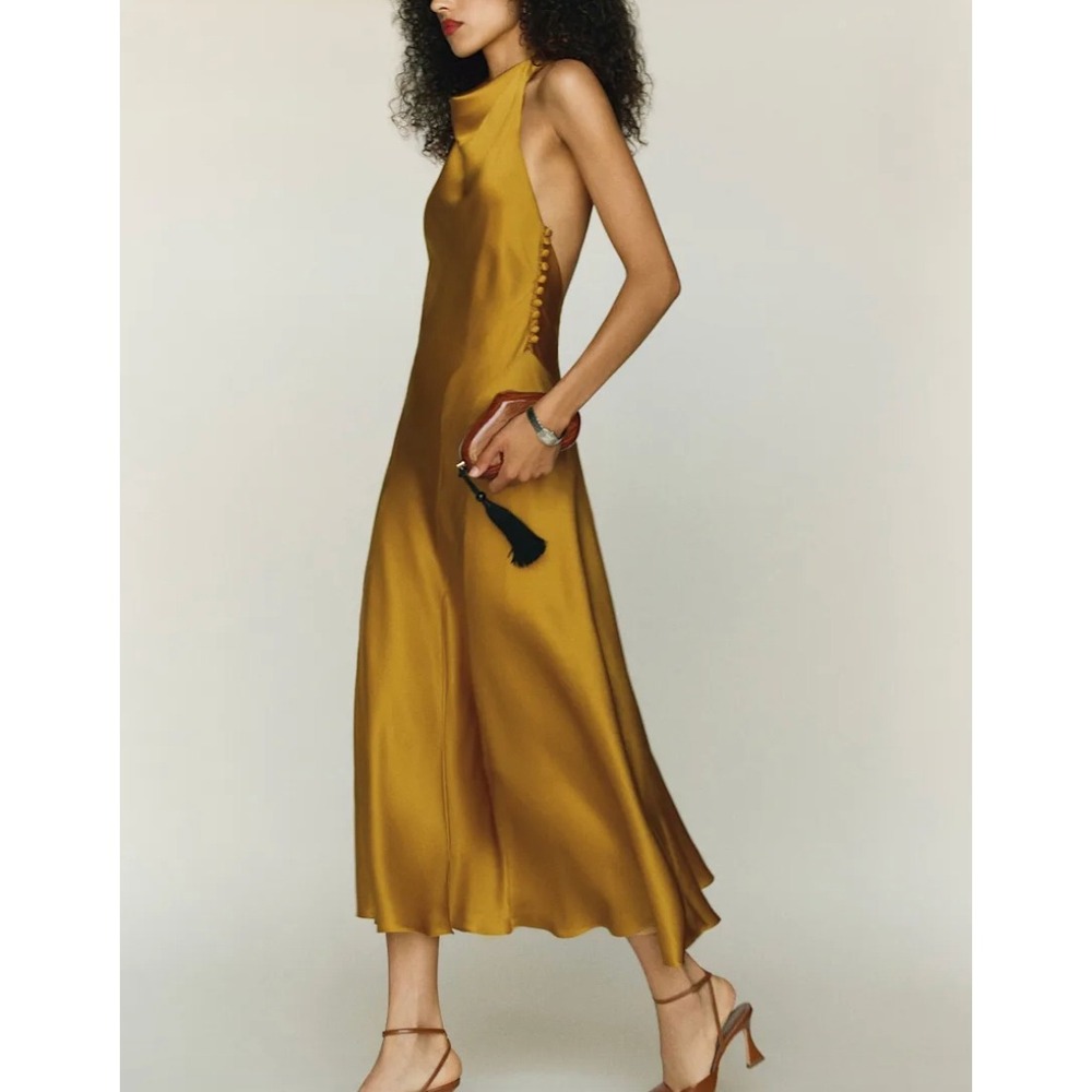 Reformation Kayla Silk Dress Honey Mustard Halter Backless Gown 12 NWT